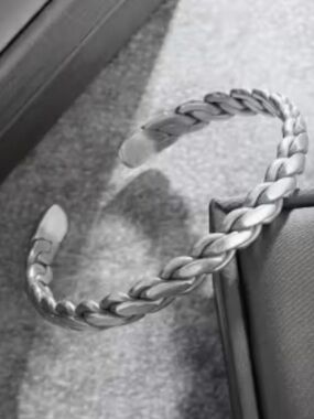 Chunked Braided Open Cuff Bracelet - Silver Finish